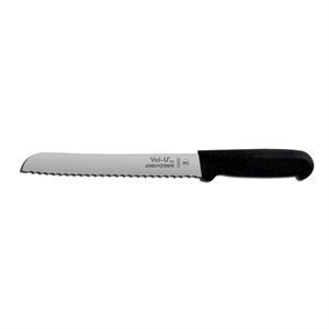 Val-U Bread Knife, 8" blade, stamped, scalloped edge, DEXSTEEL™ stain free, high carbon steel, finger guard on handle, polypropylene handle, black, NSF (12 ea / bx)