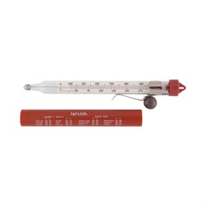 Candy / Deep Fry Thermometer, 8" long non-mercury filled glass tube, safety cap & adjustable pan clip, 100° to 400°F (50° to 200° C) temperature range, protective storage sleeve (6 ea / cs)